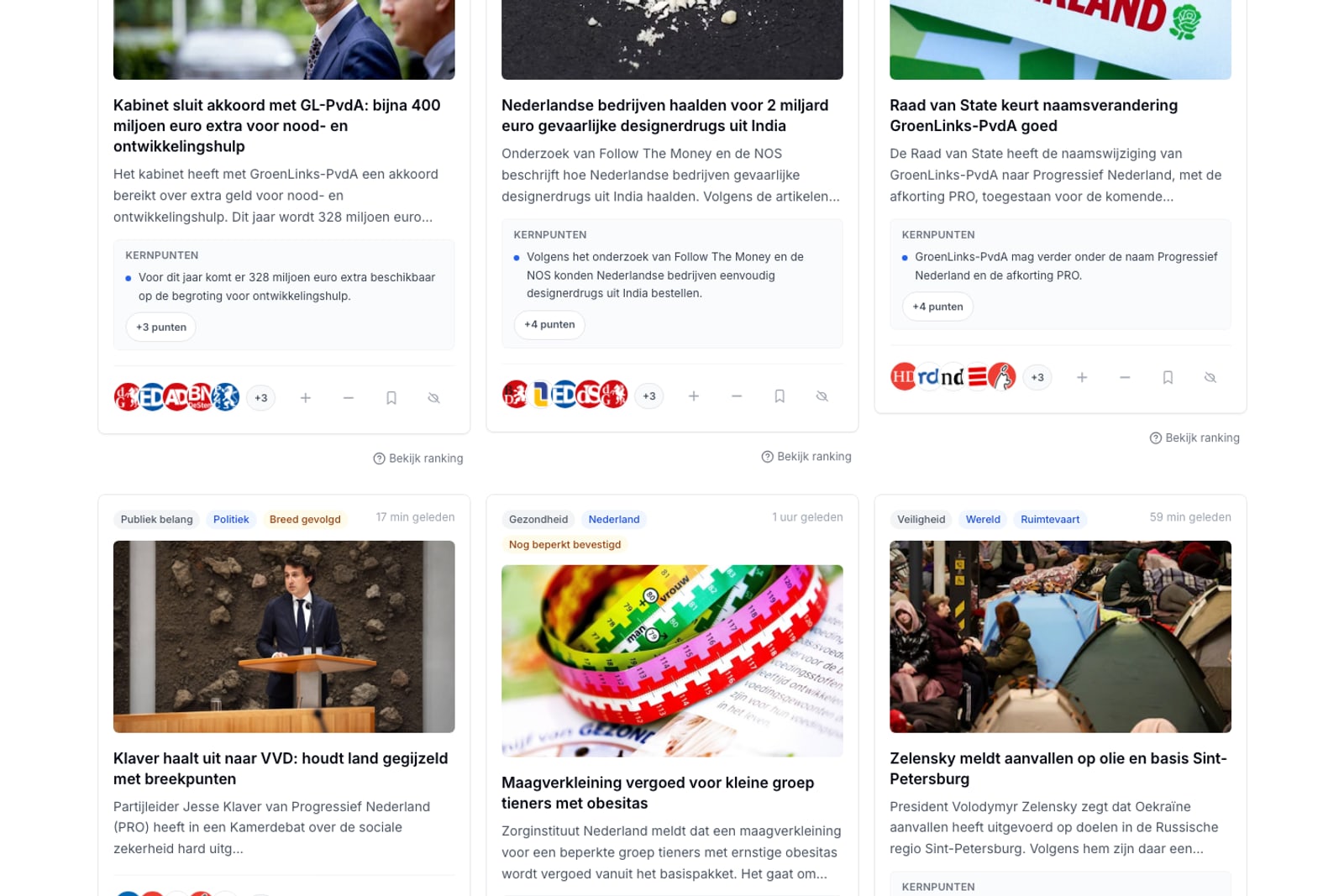 A grid of clustered stories, each with its source badges.