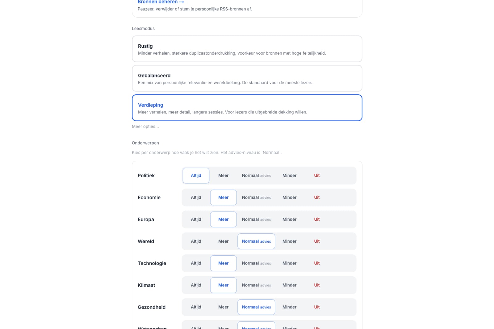 Tuning: per-topic sliders from off to more, plus reading depth.
