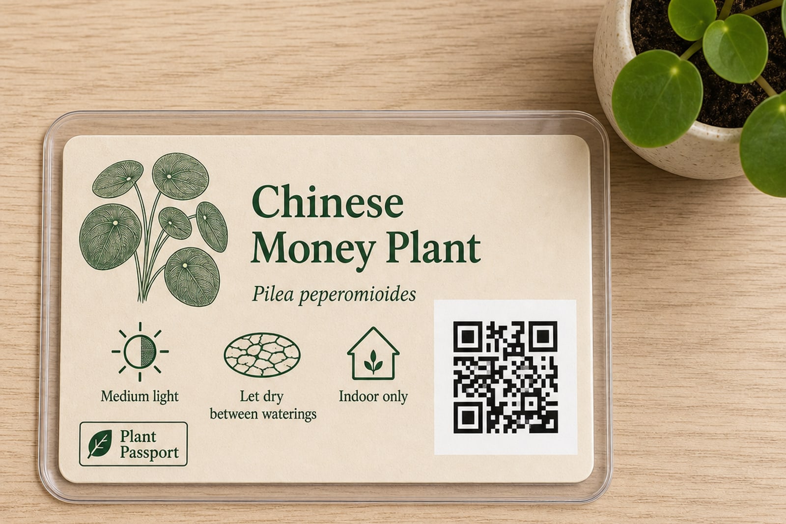 The free badge card with its three care signals and QR.