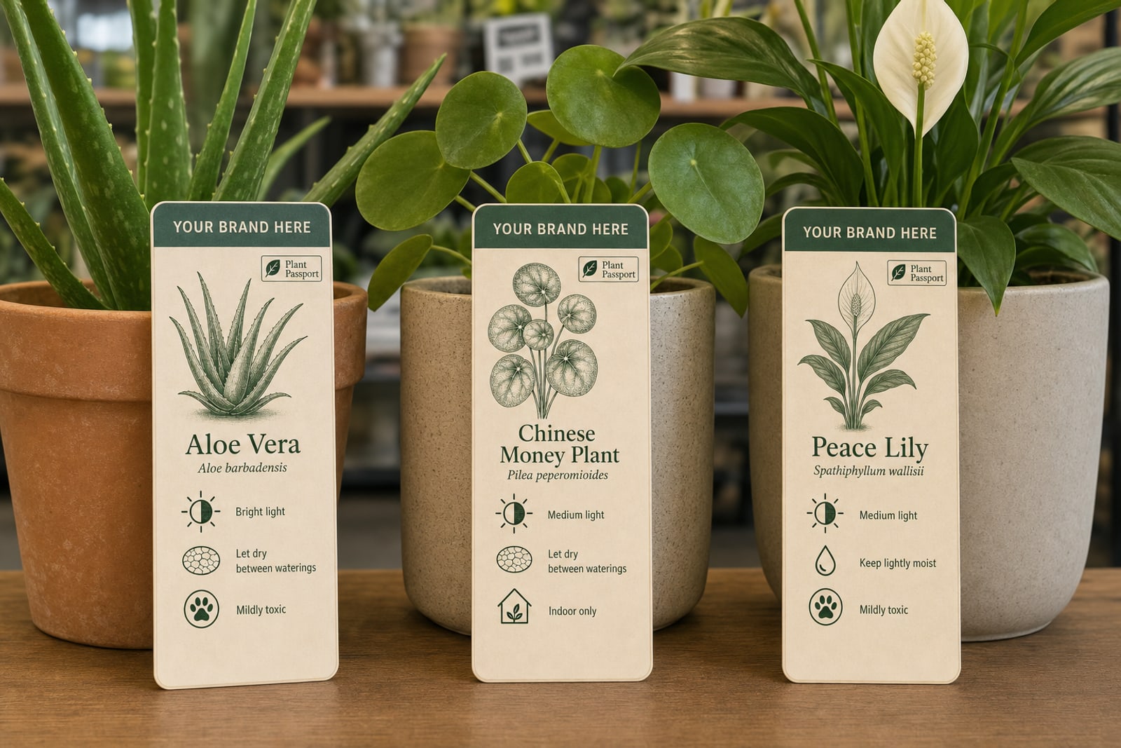 A retailer's own branding above the Plant Passport care language.