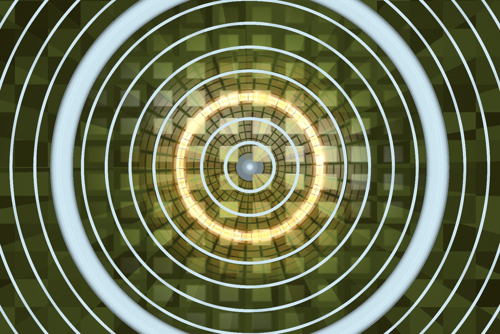 Chrome Orbit: concentric gold rings pulsing from a bright core.