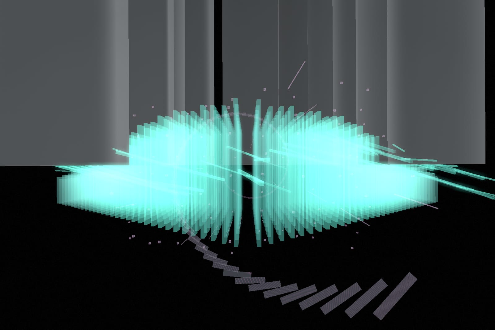 Aurora Depth Field: a cyan bloom breaking through grey architecture.