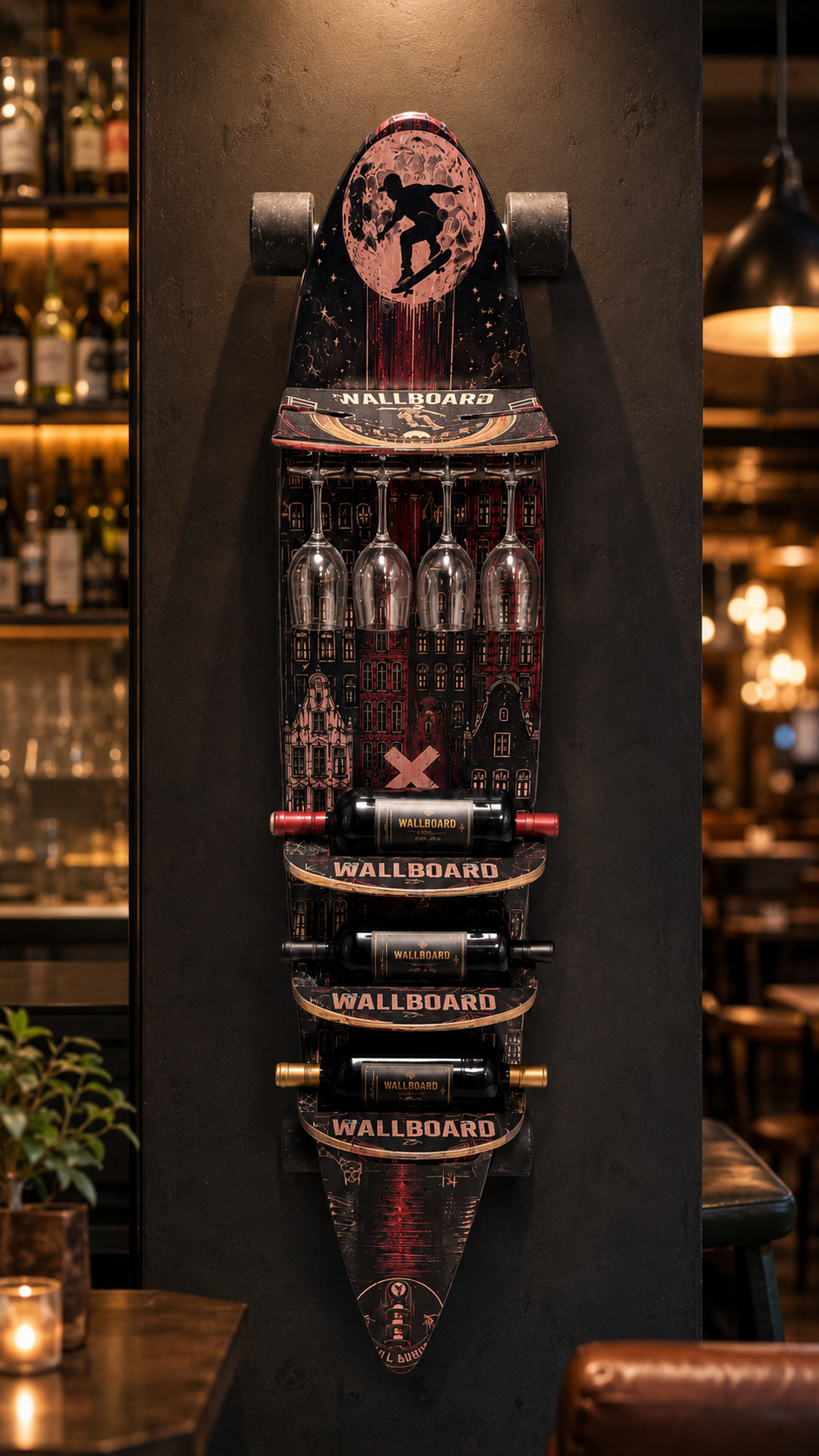 Wallboard installed on a wall, holding four bottles and four glasses on a retired skateboard deck.